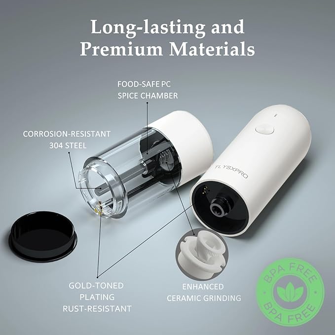 Electric Pepper Grinder, USB Rechargeable, Automatic Pepper Shaker, Adjustable Coarseness, Electric Pepper Mill, LED Light, Refillable, Kitchen Gadget (1-Pack, White)