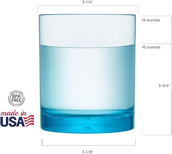 US Acrylic Classic Plastic Reusable Drinking Glasses (Set of 6) 12oz Rocks Cups Assorted Colors | BPA-Free Tumblers, Made in USA | Top-Rack Dishwasher Safe