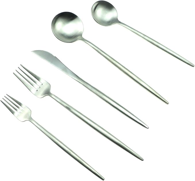 JASHII 18/10 Stainless Steel 5-Piece Matte Silver Flatware Set,Dinner Knife Fork Salad Fork Dessert Spoon, Service for 1, Luxury Silverware Cutlery Utensil Sets