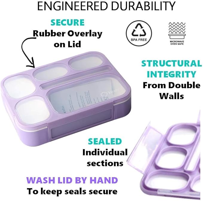 Bento Box with Bag and Ice Pack Set for Kids. Lunch Boxes Snack Containers for Boys Girls Adults. 6 Compartments, Leak-proof Portion Container Boxes Insulated Bags for School Lunches, BPA Free, Purple