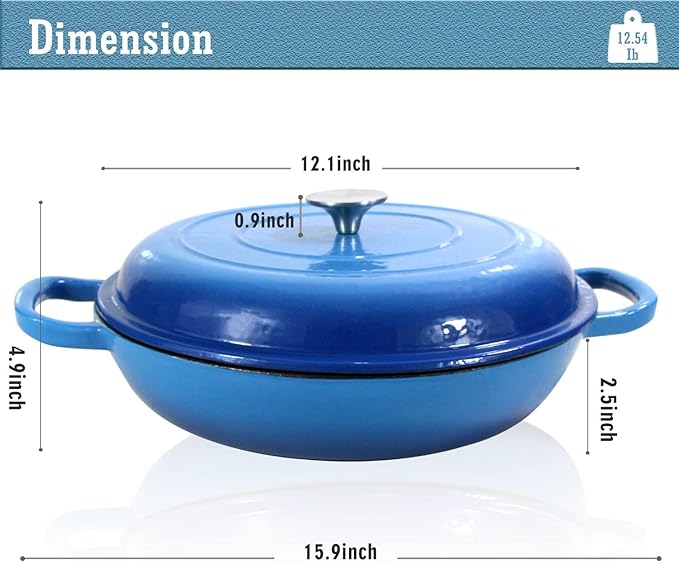 Cast Iron Dutch Oven 3.8 Quart Pot With Lid - Blue Heavy Duty Dual Handles Porcelain Enameled Skillet - Family or Friends Gifts