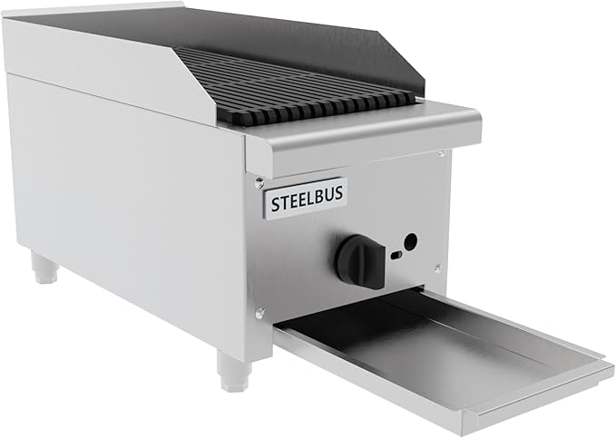 12 Inch Commercial Gas Charbroiler, Countertop Stainless Steel Grill with 1 Burner 28000 BTU, Heavy Duty Restaurant BBQ Broiler, Natural Gas/Propane, Adjustable Knob, Durable Cast Iron Grates