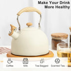 2.6 Quart/2.5 L Whistling Tea Kettles with Wood Grain adjustment Nylon Handle, Capsule Base Tea Kettle, White (White)