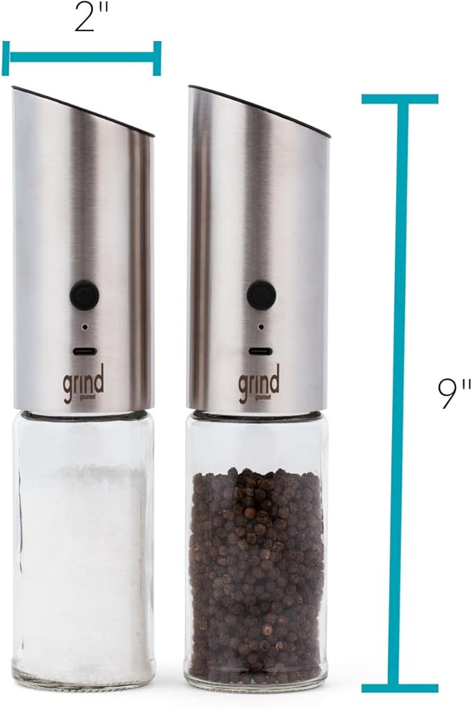 Grind Gourmet Automatic Electric Salt or Pepper Grinder Mill, USB Rechargeable, Adjustable Coarseness, One-Handed Operation, Stainless Steel