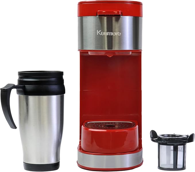 Koolatron Kenmore Single Serve Coffee Maker & Stainless Steel Travel Mug, Capsule/Pod & Ground Coffee Brewing, K Cup Compatible, Hot & Iced Coffee Machine, 6 to 14 Oz Brew Sizes, Auto Shut-Off, Red