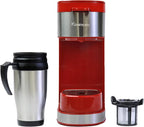 Koolatron Kenmore Single Serve Coffee Maker & Stainless Steel Travel Mug, Capsule/Pod & Ground Coffee Brewing, K Cup Compatible, Hot & Iced Coffee Machine, 6 to 14 Oz Brew Sizes, Auto Shut-Off, Red