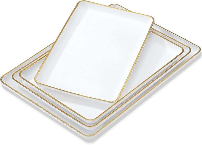 Rtteri Set of 4 Large Serving Platter Set 15/14/13/12 Inch Heavy Plastic Serving Trays Unbreakable Rectangular Platter Reusable Wood Grain Tray for Buffet Wedding Christmas Party(White and Gold)