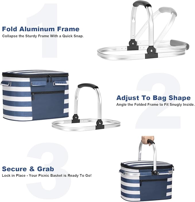 ALLCAMP Picnic Basket - Insulated Cooler, Thickening Foldable Picnic Basket with Removable Baskets & Sewn-in Frame, Basket for House Warming Gifts New Home(Blue and White)
