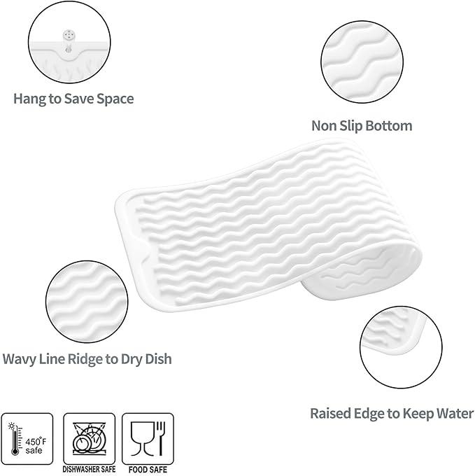 Silicone Dish Drying Mat for Multiple Usage,Easy clean,Eco-friendly,Heat-resistant Silicone Mat for Kitchen Counter,Sink,Bar,Bottle,or Cup White M 17 inches x 6 inches