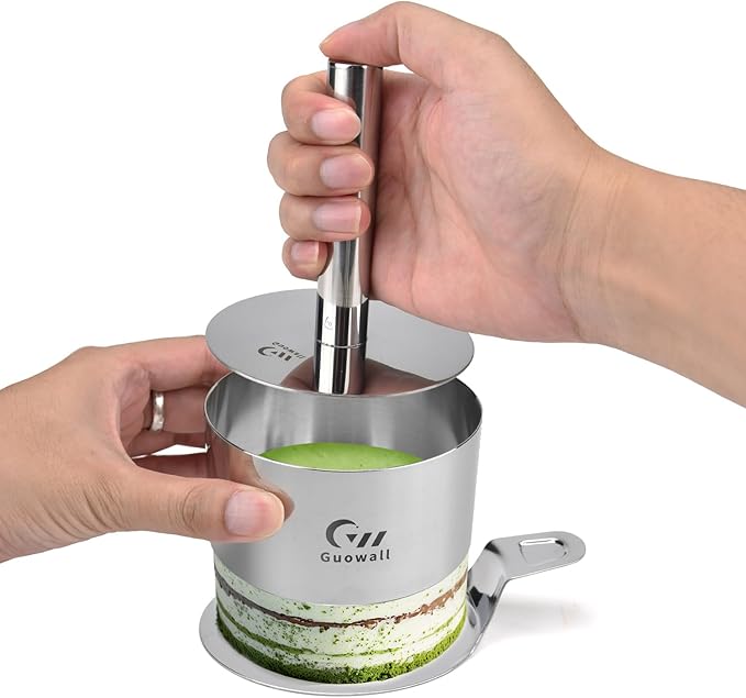 Guowall 4 pack Seamless Mousse Cake Ring set Stainless Steel 4 inch Round Food Mold Dessert Cutter for Baking (Includes 1 Lifter, 1 Pusher and 4 Rings)