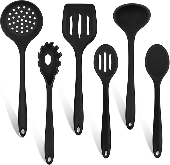 TeamFar Silicone Cooking Utensils Set of 6, Heat Resistant Kitchen Utensils, Spatula Ladle Spoon Pasta Server for Non-stick Cookware, Non-Toxic & One-Piece, Non-Scratch & Dishwasher Safe, Black