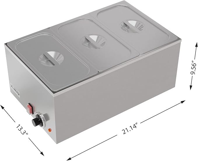 KoolMore Commercial Bain Marie Countertop Food Warmer, Soup Station, and Buffet Table Server with Three Serving Section, Stainless-Steel Steamer with Auto Shut Off (CFW-3), Silver