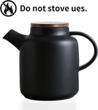 Yundu 1500ml / 50 oz Ceramic Teapot with Infuser & Wood Lid - Matte Black, Loose Leaf Tea Pot with Removable Strainer, Large Capacity
