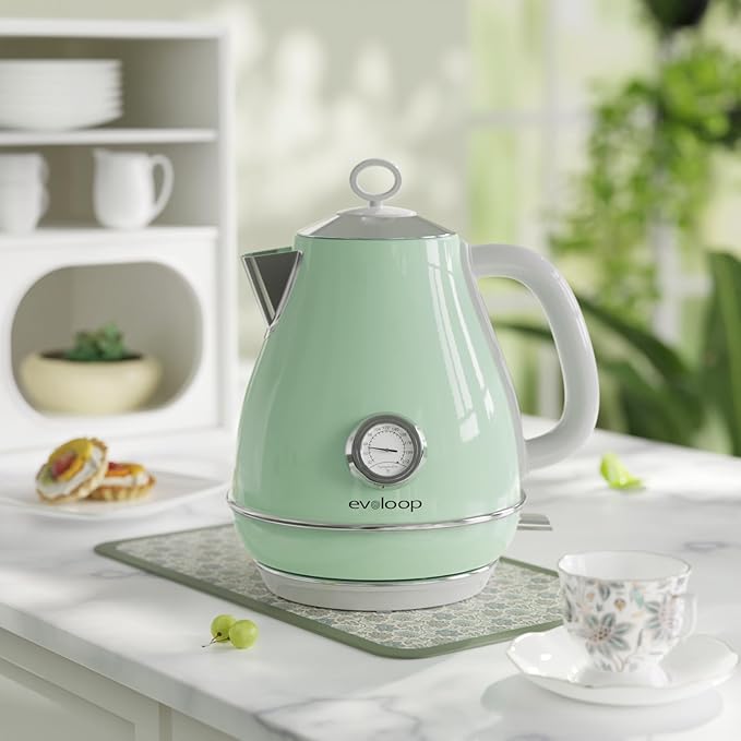 Electric Tea Kettle, 1500W /1.7 Liter Hot Water Boiler Heater Pot, Retro Electric Kettle with Thermometer, Auto Shut-Off & Boil-Dry Protection, BPA Free,Stainless Steel Teapot