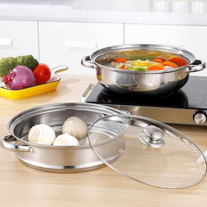 3 Tier Steamer Pot with Glass Lid - 30 cm Stainless Steel Steamer Pot Set Kitchen Cookware Tool Food Veg Cooker for Cooking Vegetables, Seafood, Soups, Stews and Pasta