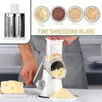 Rotary Cheese Grater with Handle Vegetable Shredder Round Kitchen Slicer Mandoline Grater for Vegetable, Nuts, Chocolate, Chesse, White, 3 Stainless Steel Blades