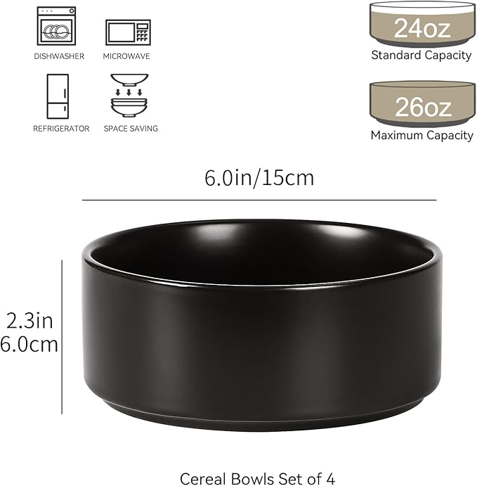 GZG Ceramic Cereal Bowls Set of 4,6 Inch Stoneware Soup Bowls,Dishwasher and Microwave Safe,Stackable,Scratch Resistant for Oatmeal,Fruit,Salads and Rice(Matte Black)
