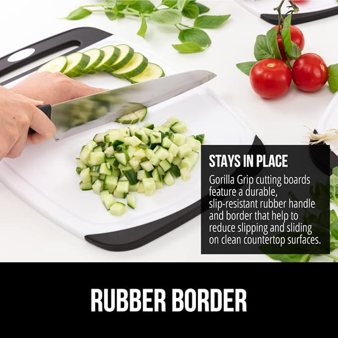 GORILLA GRIP BPA-Free Reversible Kitchen Cutting Board Set of 3, US Designed, Nonporous, Juice Grooves Catch Liquid, Slip Resistant Border, Dishwasher Safe, Durable Large Food Chopping Boards, Black