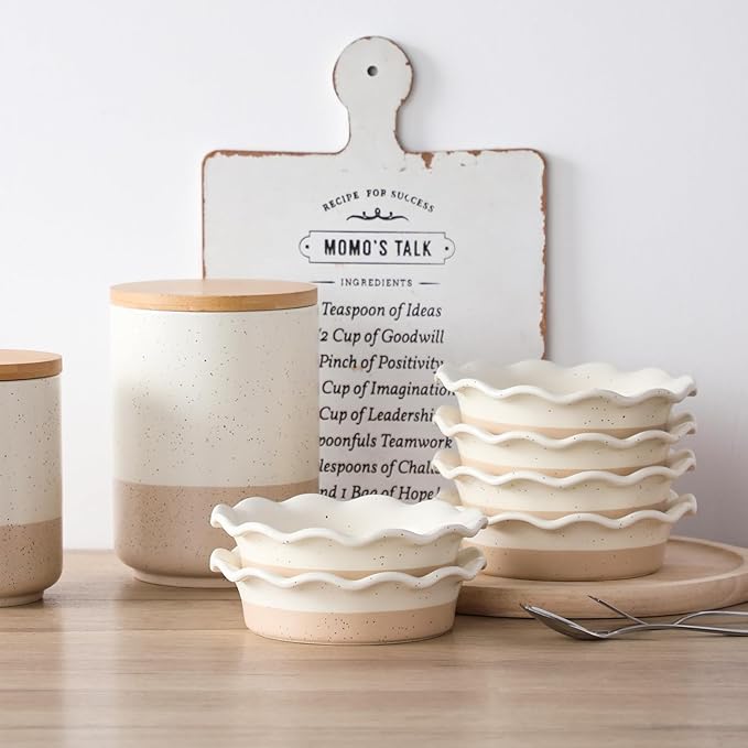 vancasso Mini Pie Pans Set of 6, 5.2 inch Ceramic Small Pie Plate for Baking, Shallow Ramekins Mini Pie Dish with Ruffled Edge for Chicken Pot Pie, Cake, Quiche, Tart, Cream Colored