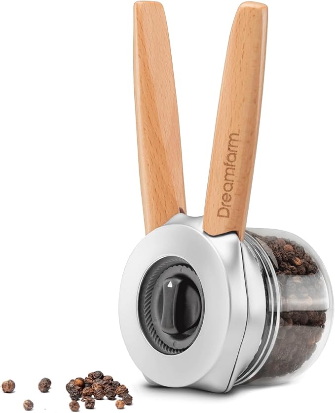 Dreamfarm Ortwo Original Ergonomic 1-or-2-Handed Re-Fillable Pepper, Spice, Seed, Coffee Mill with 6 Grind Settings - 2oz Beechwood