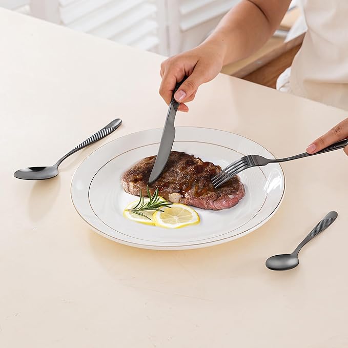 24-Piece Black Hammered Silverware Set, Food-Grade Stainless Steel Flatware Service for 6, Modern Cutlery Utensil Set with Forks Knives Spoons, Mirror Polished, Dishwasher Safe for Home Kitchen Dining