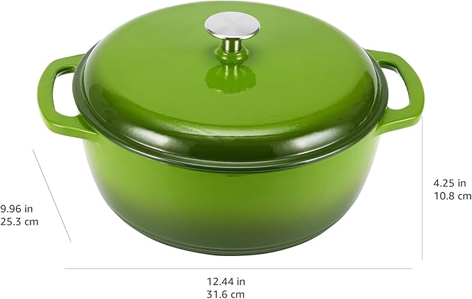 Amazon Basics Cast Iron Dutch Oven Pot with Lid, Enameled, Round, Dual Handles, Heavy-Duty, Small, 4.3-Quart, Green
