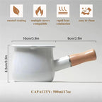 Enamel Milk Pot 17oz Butter Warmer Small Sauce Pan with Spouts Butter Melting Pot, Wooden Handle, White
