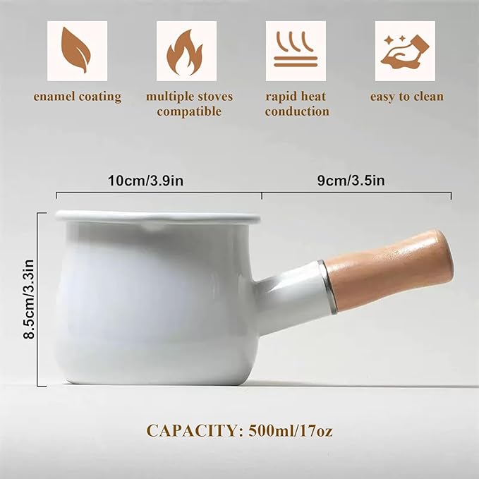 Enamel Milk Pot 17oz Butter Warmer Small Sauce Pan with Spouts Butter Melting Pot, Wooden Handle, White