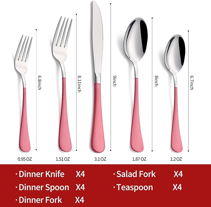 20-Piece Pink Silverware Set 18/0 Stainless Steel Flatware Pink Handle Cutlery Set Service for 4 Dinner Knives Forks Spoons Set Mirror Finish Dishwasher Saf