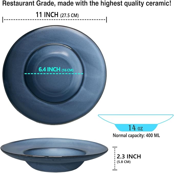 Pasta Plates with Rim 14 oz, Soup Bowl Pasta Bowl Set of 2, Shallow Bowl Plate, Ceramic Wide Rimmed Soup Bowl, Best choice for high-end restaurants, hotels, and foodies,11 Inch Blue