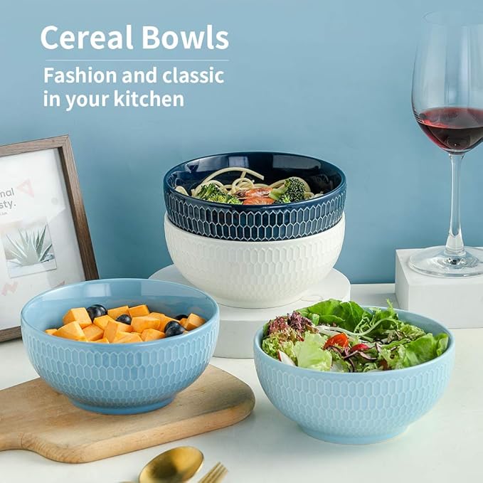 KOOV 24 Ounce Soup Bowl Set, Porcelain Cereal Bowls Microwave And Dishwasher Safe, Kitchen Bowls For Oatmeal Breakfast, Chip, Rice, Ceramic Bowl Set of 4 (Multi Color)