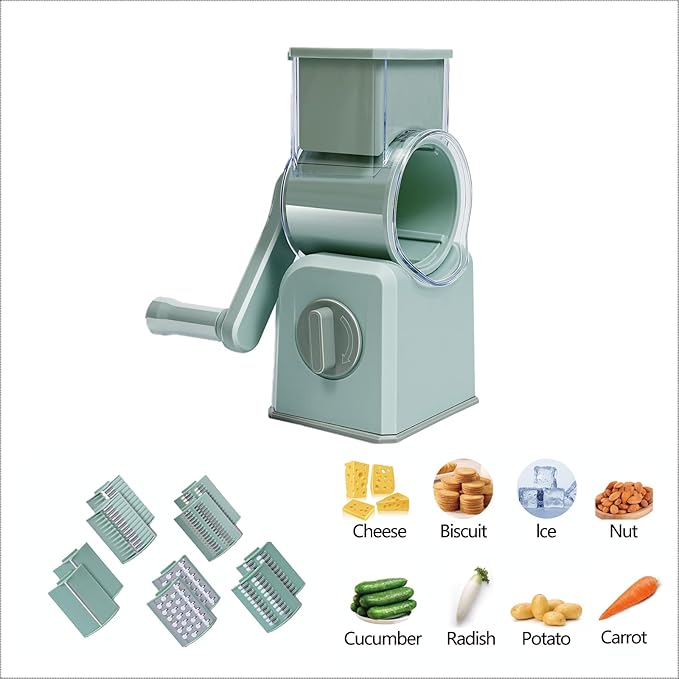Rotary Cheese Grater with Hand Crank, 5 Interchangeable Blades Vegetable Slicer - Strong Suction Cup Base for Secure Use, Removable & Easy to Clean - Ideal for Cheese, Vegetables, Fruits, Nuts green