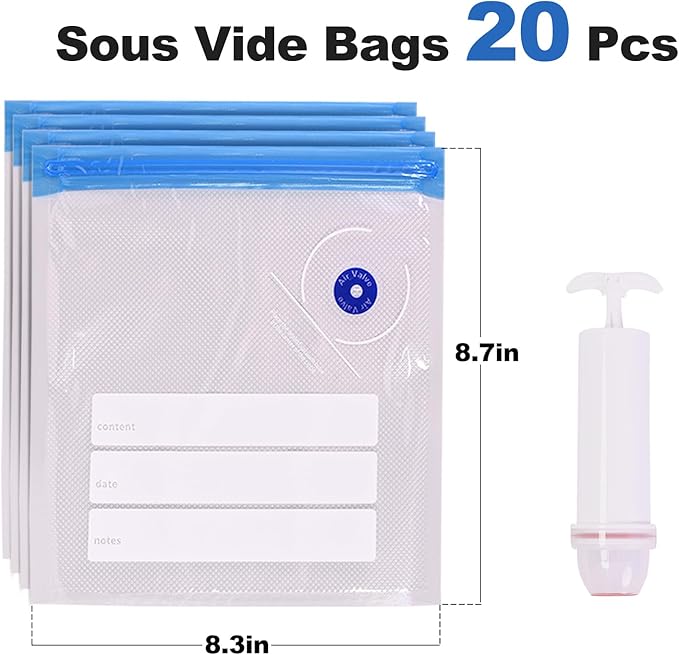 Sous Vide Bags, 20 PCS 8"X9" Reusable Vacuum Seal Bags for Food,Vacuum Zipper Sealer Bag with Hand Pump, Sous Vide Cooking,Freezer Safe,Microwave Heating and Food Storage