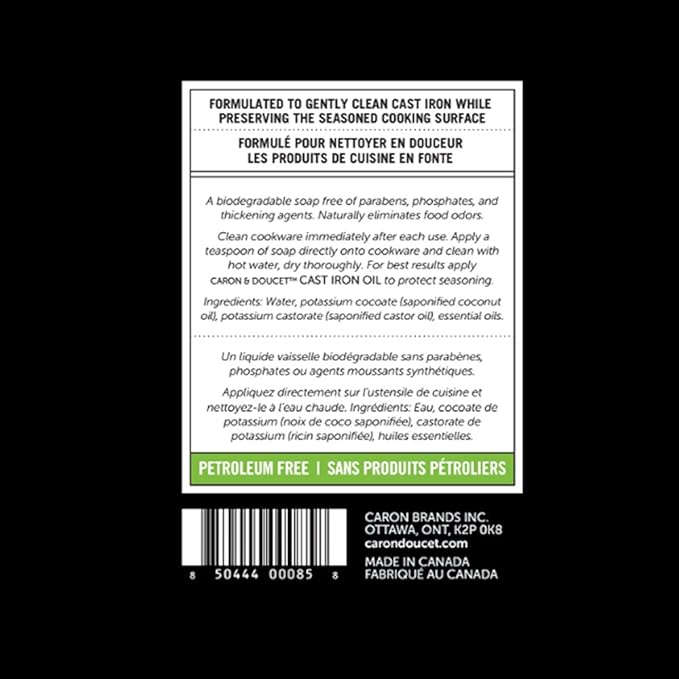 CARON & DOUCET - Cast Iron Cleaning & Conditioning Set: Seasoning Oil & Cleaning Soap | 100% Plant-Based | Best for Washing, Restoring & Seasoning Cast Iron Skillets, Pans & Grills! 8oz Each