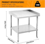 24x28x30 Inch Stainless Steel Equipment Grill Stand Table 400 Lbs Capacity NSF Certified with Adjustable Legs, 2" Edge Baffle, for Hotel, Home, Commercial Restaurant Kitchen