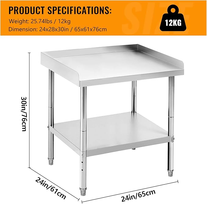 24x28x30 Inch Stainless Steel Equipment Grill Stand Table 400 Lbs Capacity NSF Certified with Adjustable Legs, 2" Edge Baffle, for Hotel, Home, Commercial Restaurant Kitchen
