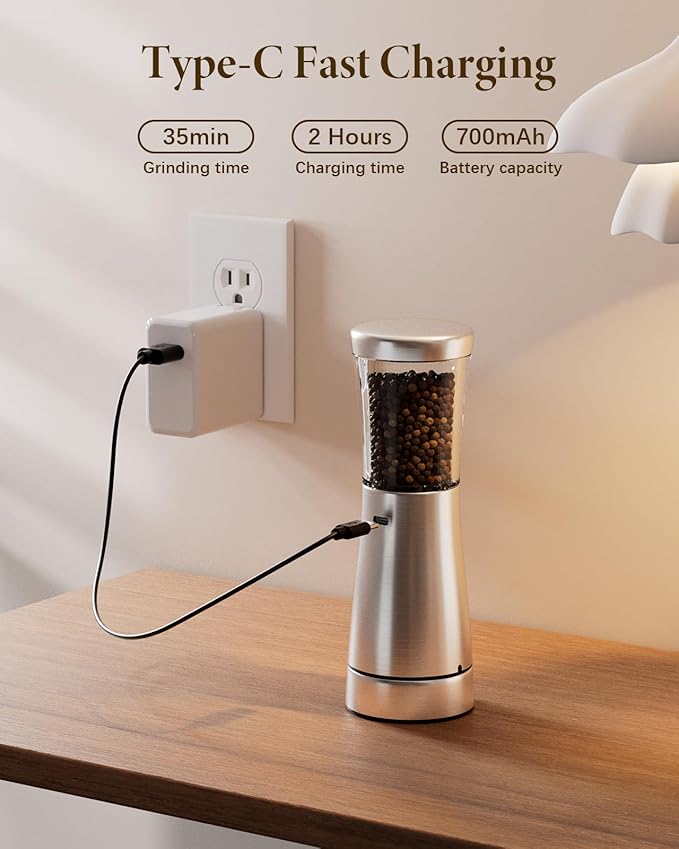 Electric Salt and Pepper Grinder Set Rechargeable, Electric Pepper Grinder with Adjustable Coarseness, 4.5oz Large Capacity, 1.8" Wide-Mouth & Storage Base, One-Hand Operation Kitchen Gadgets