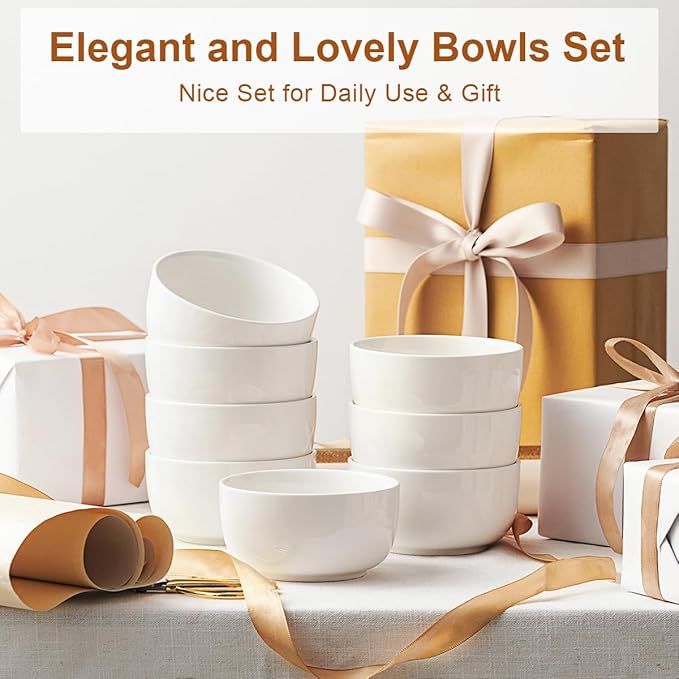 Jassceram Ice Cream Bowls Set of 8,12 Oz Ceramic Small Bowls for Soup, Side dishes, Cereal Bowls for Dessert, Snack, Suitable for Portion Control - Dishwasher & Microwave Safe, 4.5 Inch, White