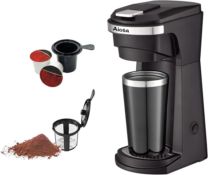 2 in 1 Single Serve K cup Coffee Maker 6-14Oz,With Travel Cup,Mini Single Coffee Maker Machine,One Button Operation,Auto Shut Off,800W With Reusable Filter