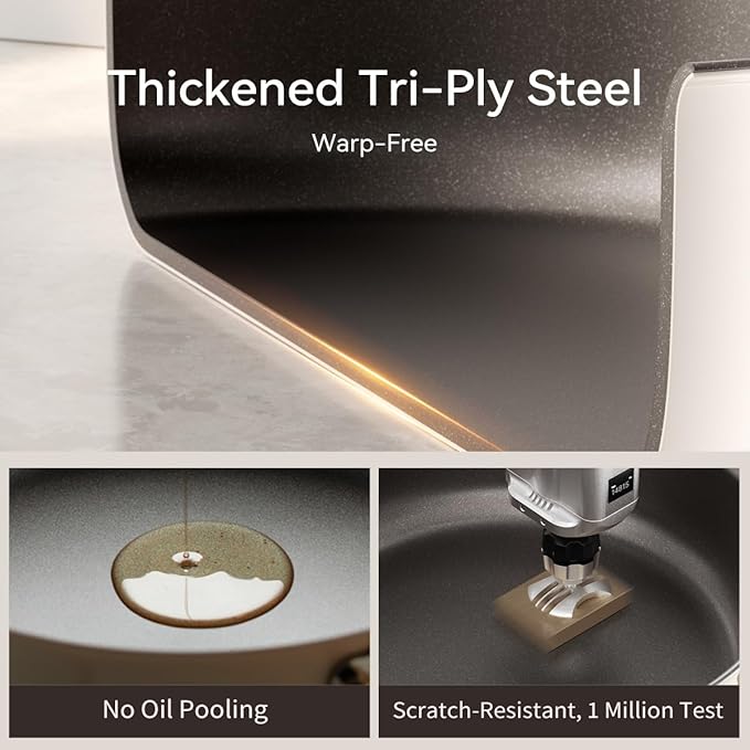 Ceramic Deep Frying Pan Nonstick - 11"(5.5 Qt) Sauté Pan with Lid, Titanium Reinforced Tri-Ply Stainless Steel Skillet, PTFE&PFOA-Free, Non-Toxic, Compatible with All Stovetops