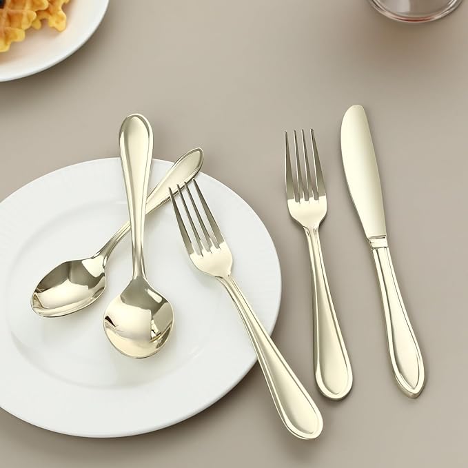 Champagne Silverware Set, 20-Piece Stainless Steel Champagne Flatware, 18/0 Stainless Steel Utensils, Dishwasher Safe, Modern Tableware for Home & Kitchen Dining