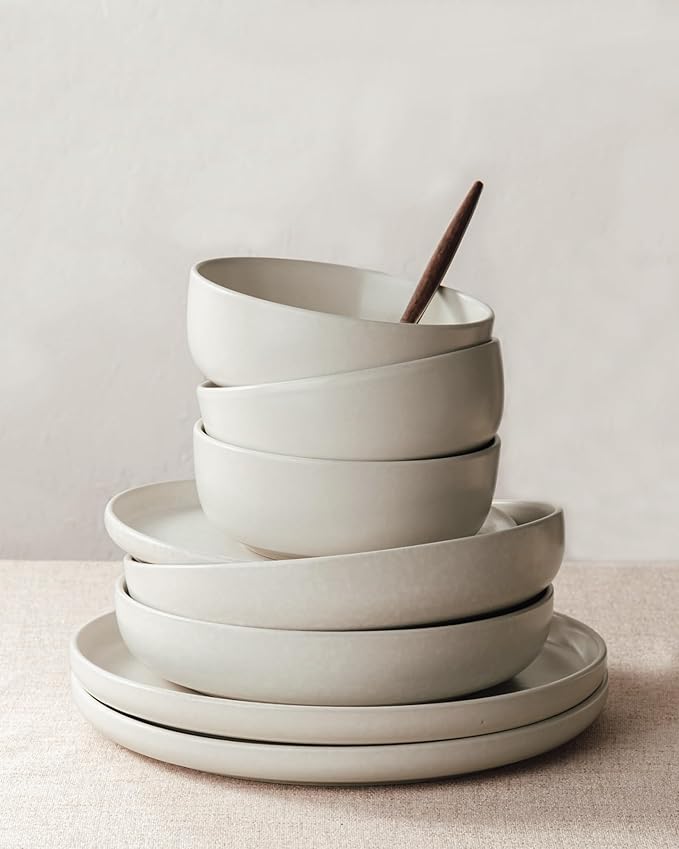 Famiware Milkyway Stoneware Dinnerware Sets with Mugs, Service for 6 (24 Pieces), Reactive Glaze Plates and Bowls Sets, Microwave and Dishwasher Safe Dishes Set, Matte Beige White