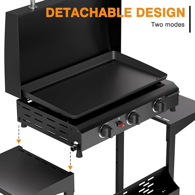 3 Burner BBQ Gas Griddle with Hood, 25.6 Inch Stainless Steel Portable Detachable Propane Griddle, 45,000 BTU Flat Top Barbecue Grill with Side Shelves for Camping