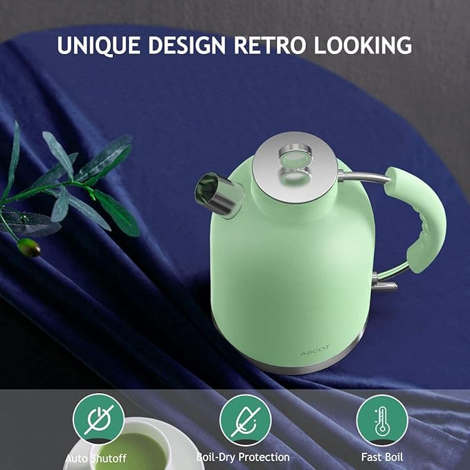 ASCOT Electric Kettle, Stainless Steel Tea Boiler 1.6L 1500W Retro Tea Heater & Boiling Kettle, Auto Shut-Off and Boil-Dry Protection(Matte Green)