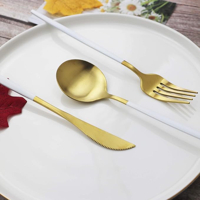 JASHII Flatware Silverware Set Stainless Steel Satin Finish Cutlery Set Service for 6, 30-Piece Spoons And Forks Kitchen Utensil Set, Dishwasher Safe (Matte White handle gold)