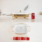 11" x 8" Ceramic Rectangular Casserole Dish with Glass Lid and rack, 1.6 Quart White Serving Soup Tureen,Chafing Dish for Buffet, Family Food Tray, Catering Casserole for Party Style