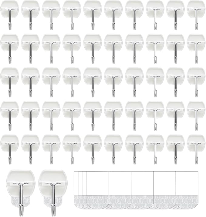 60 Hooks-70 Removable Strips,Clear Small Wire Hanger Hooks Value Pack, Damage Free Hanging Wall Hooks with Adhesive Strips, Removes Cleanly, No Tools Utility Hooks for Hanging Decorations