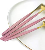24Pcs Gold Mirror Silverware Flatware With Pink Handle, 18/0 Stainless Steel Cutlery Set Utensils Kitchen Dinnerware Include Knife Fork Spoon and Teaspoon, Service for 4