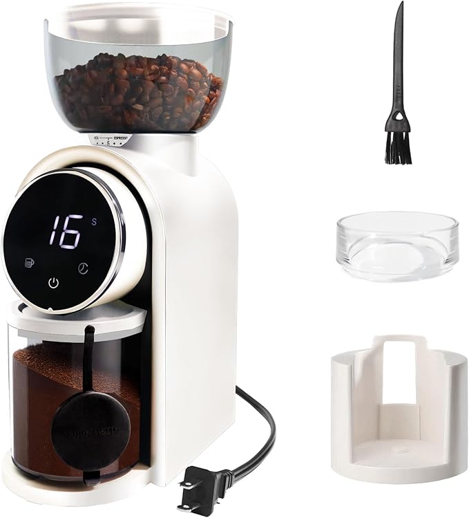 Electric Coffee Grinder Touchscreen 2-14 Cup Conical Burr Coffee Grinder with 25 Grinding Settings Cleaning Brush Grindable Espresso Drip Coffee French Press for Home Use 110V White