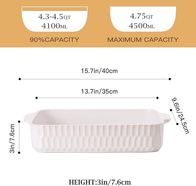4.7QT Casserole Dishes for Oven, 9x13” Large Lasagna Pan, Ceramic Baking Dish, Rectangular Lasagna Pan Deep with Handles for Baking, Casserole, Kitchen, Gift for Mother Father Women Men